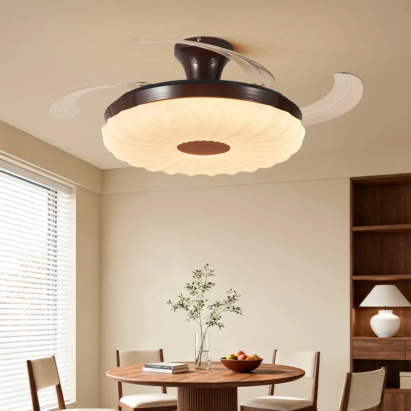 

Vintage Fan Lamps Dining Room Bedroom Vintage Walnut Color Invisible Fan Living Room Eye Protection Silent LED Ceiling Fan Lamp