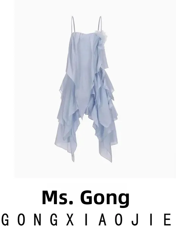 Unikatowy Piękny Niebieski Wielowarstwowy Kwiatowy Pasek Dr Holiday Sle Delikatny Nierówny Dół ort Dr Damski Letni Casualowy Dr