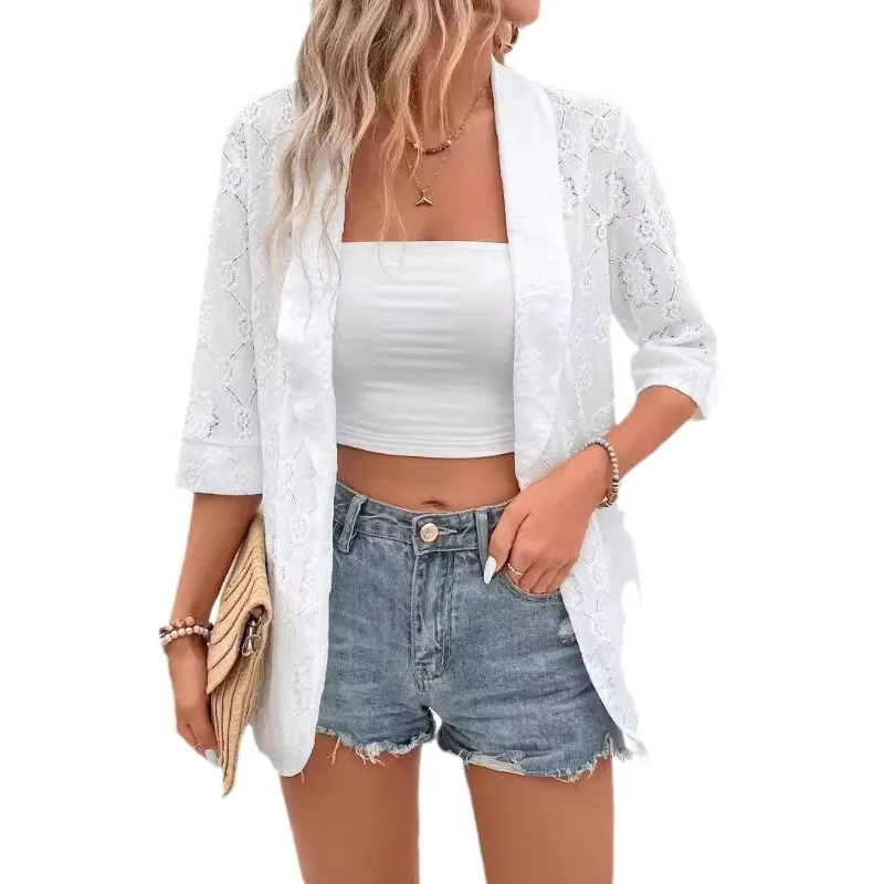 Novo elegante cor sólida renda manga 7 quartos lapela casual terno casaco feminino europa américa na primavera é elegante individual