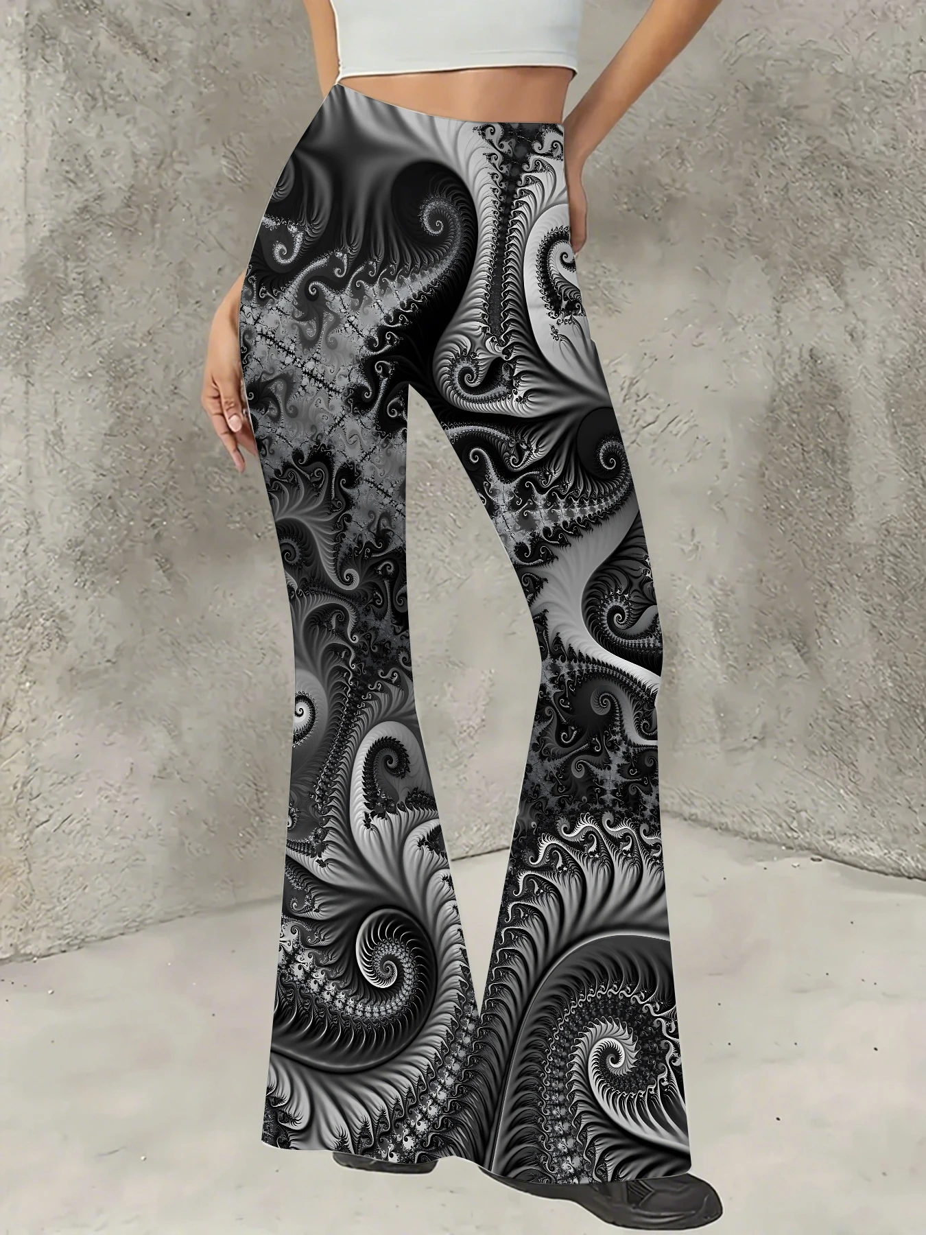 

Women's Print Flare Pants Casual High Waist Knit Bell Bottom Trousers Boho