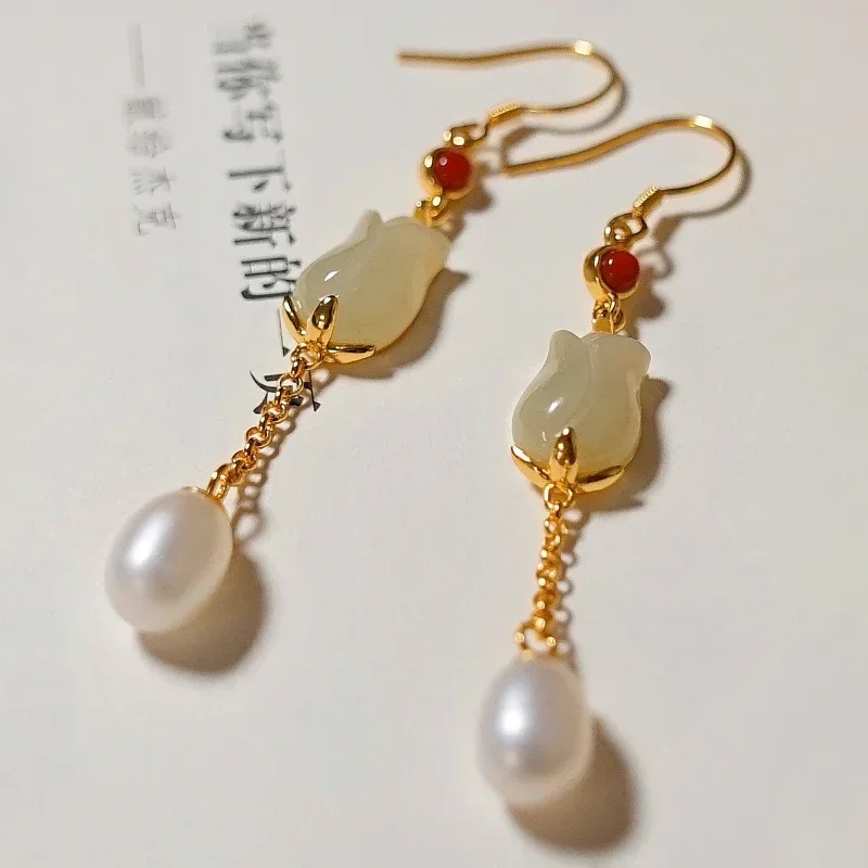 Natural Hotan Jade flowers pearl earrings for women vintage Ancient gold craft luxury Court style long Eardrop Hanfu jewelry