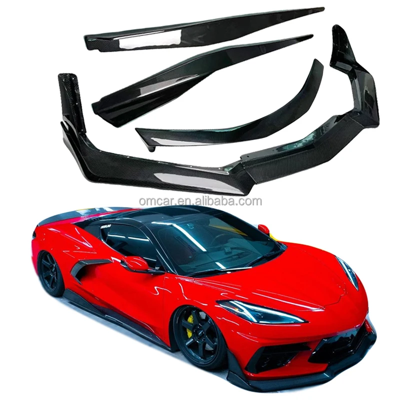 Car Refit Parts Dry Carbon Fiber Body Kit Front Lip Splitter Side Skirts Spoiler Wing For Chevrolet Corvette C8 2020-2021