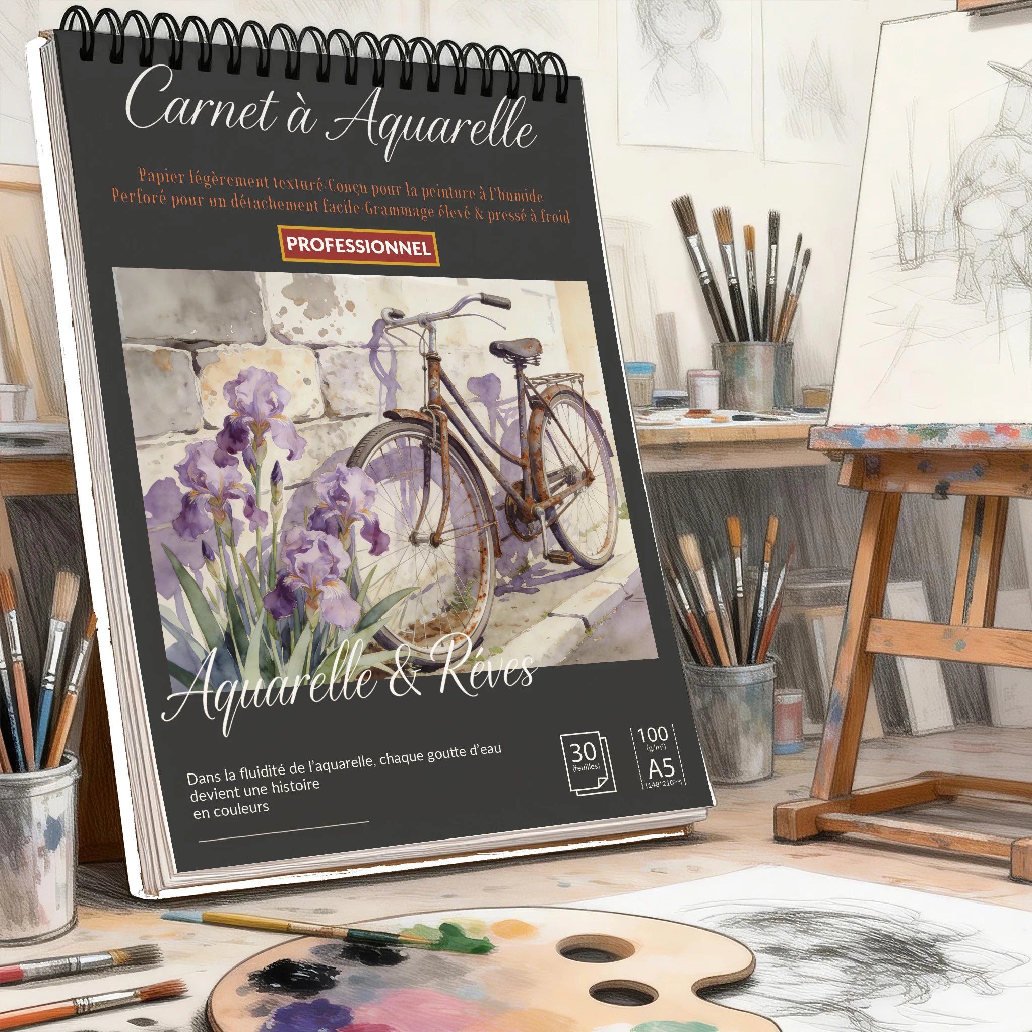 

Альбом для рисования на спирали формата А5, черная твердая обложка с винтажным принтом велосипеда и ирисов, бумага 100 г/м², без кислот, для художников и студентов, B