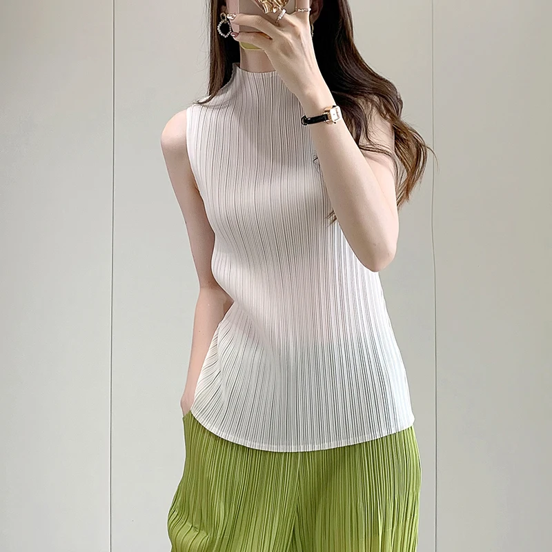 GGHK Miyake 2023 Summer New Slimming Sleeveless Turtleneck Vest Elegant Women's Clothing Basic All-Matching Top for Women