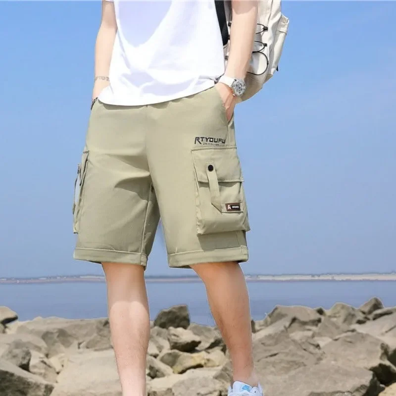 

Длинные полусвободные однотонные мешковатые мужские короткие брюки с эластичными карманами на талии, мужские шорты-карго, широкие бермуды