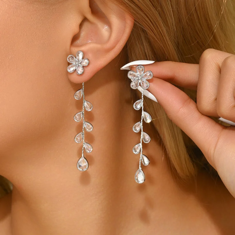 14K الذهب الحقيقي مطلي الكورية نمط الراقية الزركون زهرة شخصية ورقة شرابة الأقراط الطويلة