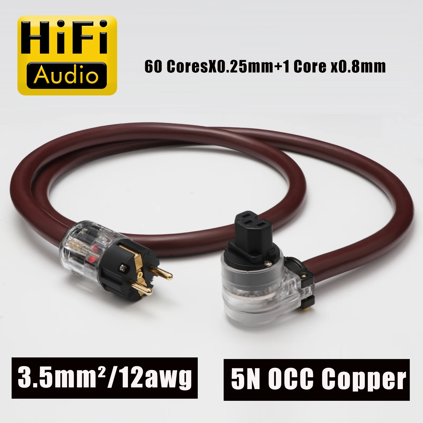 Preffair D520 5N OCC Copper HiFi Power Cord 12AWG Multi Layer Shield US EU AU Gold Plated Transparent Plug IEC C15 Mains Cable