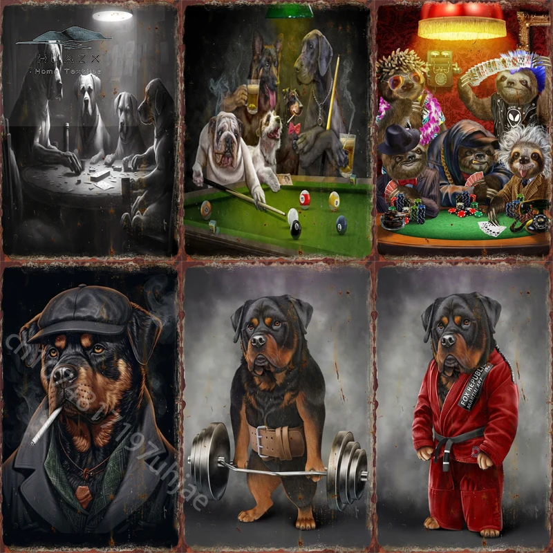 Rottweiler Martial Artist Metal Tin Signs Carton Funny Iron Plates Club Pub Bar Home Wall Decor Plaques Bedroom Art Decoration