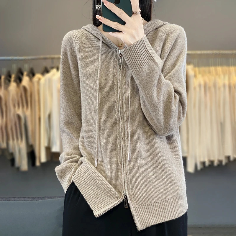 Maglione allentato jolly da donna primaverile e autunnale con Cardigan in lana pettinato con cappuccio maglione per il tempo libero cappotto in tinta unita con doppia cerniera