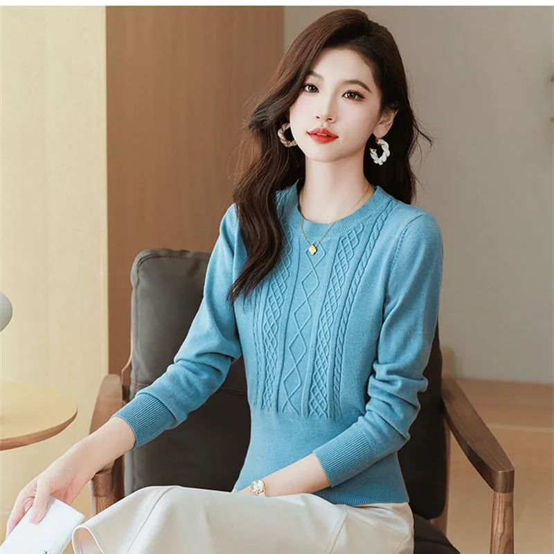 

Women Pullover Autumn Winter 2024 New Short Round Neck Sweater Ladies Coat Waist-Shrinking Knitwear Bottoming Top Female Jacket