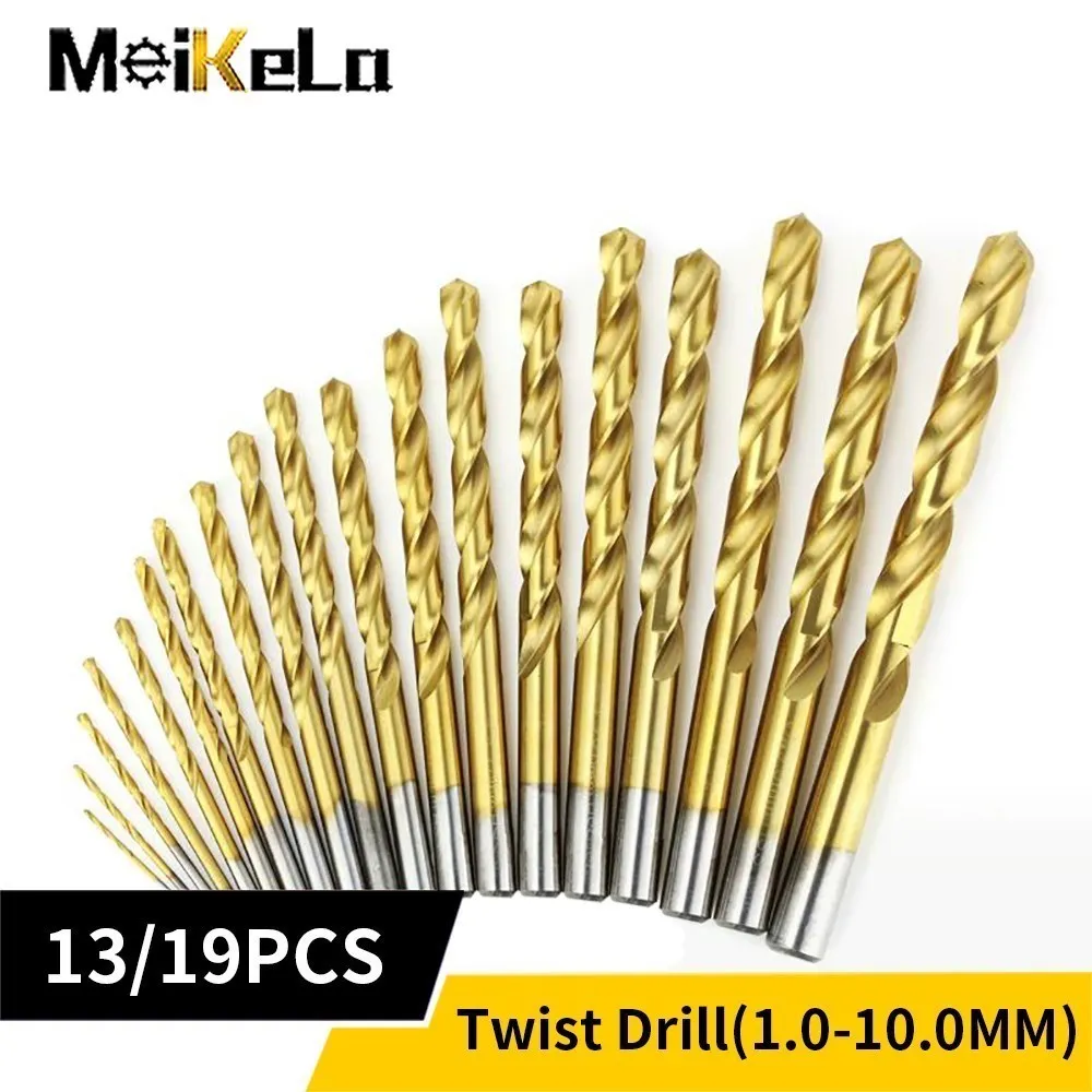 Meikela-conjunto de Brocas Torção Revestidas em Titânio Aço Rápido Ferramentas de Perfuração para Metal e Madeira 13 Unid 19 Unid 1.010.0 mm