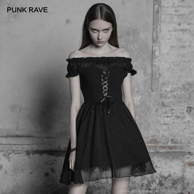 

PUNK RAVE New Gothic Women's Black Off Shoulder Lolita Bandage Chiffon Ruffles Party Dress Elegant Mini A-Line Short Two-Wear