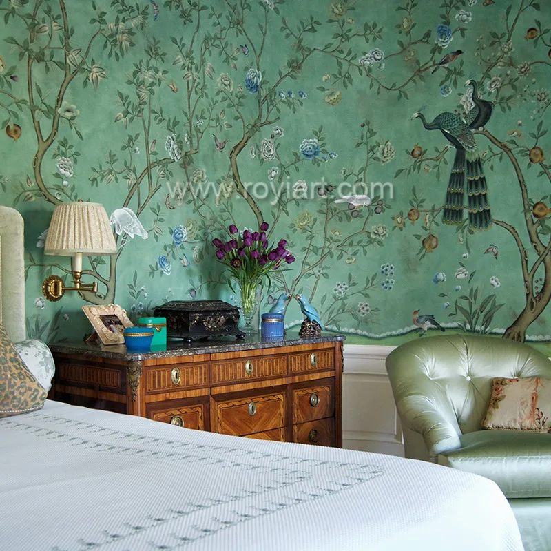 ROYI Art Chinese Style Peacock Embroidery Wallpaper Home Silk  Handmade Interior Design 