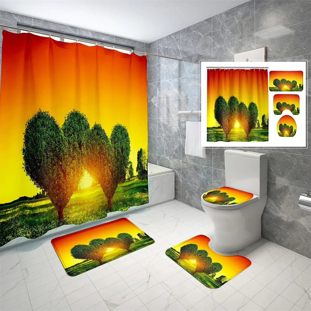 

Heart-shaped Shower Curtain 4-piece love Heart-shaped Shower Protective Floor mat Toilet mat Shower Curtain Waterproof Decoratio