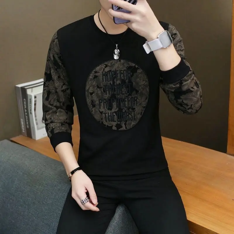 Men\'s Spring Autumn New Printing Patchwork Sweatshirts Long Sleeve O-Neck Loose T Shirt Tops Fashion Trend Men Clothing