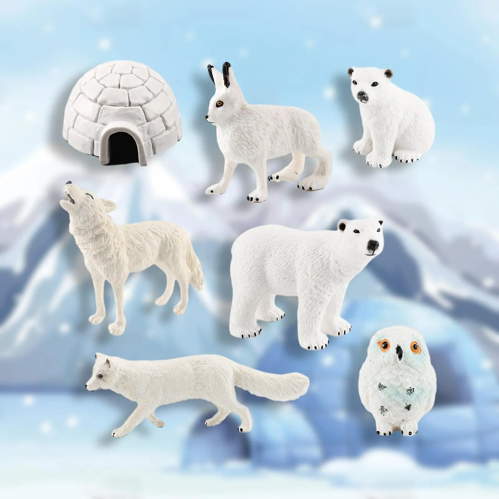 7x Arctic Animal Model Miniatures Includes Arctic Bear Family, Igloo, , Owl