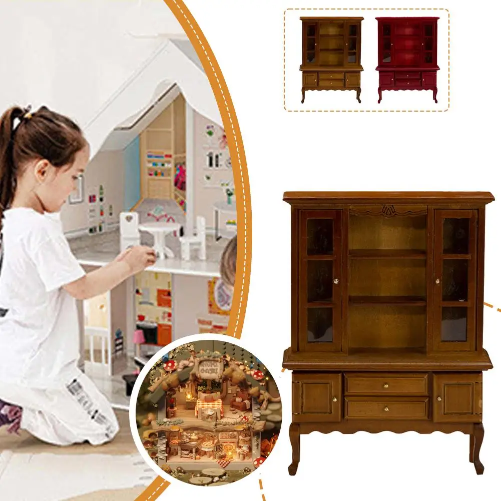 Mini aparador de almacenamiento 1:12, mueble en miniatura de nogal Retro, modelo de comedor, gabinete de almacenamiento