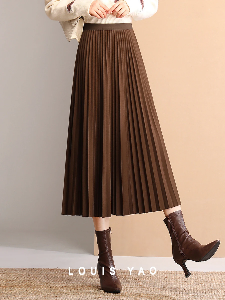 

LOUIS YAO High-waisted Pleated Skirt Elastic Waistband Thick Flowy 2023 Autumn/Winter Fashionable Long Midi Dress for Women