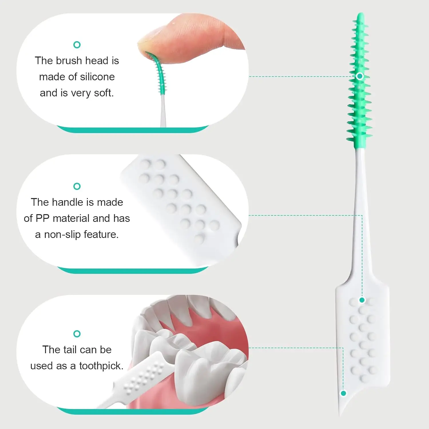 300 Stück Interdentalbürsten, Zahnspangenbürste mit Silikonkopf, Zahnseide-Zahnstocher-Reiniger, Zahnhygiene-Set, Grün – Detail 2
