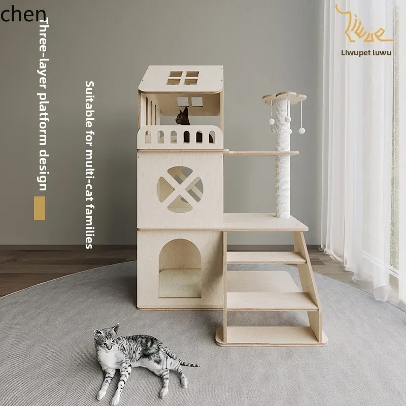 

a-15wooden three-layer climbing frame cat nest climbing ladder playing and sleeping integrated household multi-layer cat house