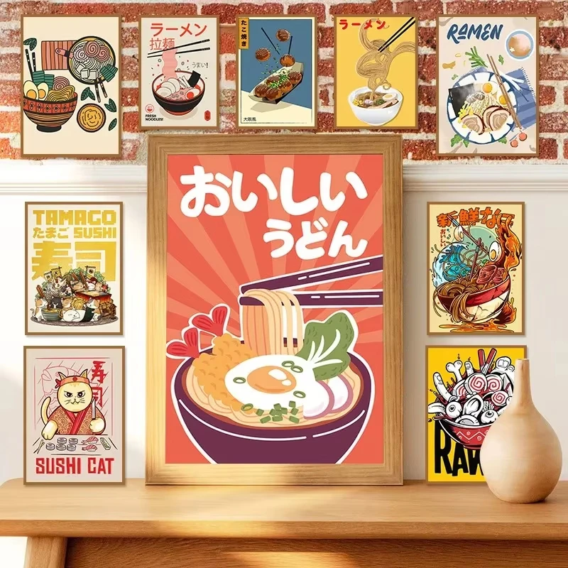 Póster de comida japonesa, divertido fideos Ramen, Sushi, arte de pared de cocina, lienzo impreso, Cuadros de pintura para restaurante, decoración del hogar, Cuadros