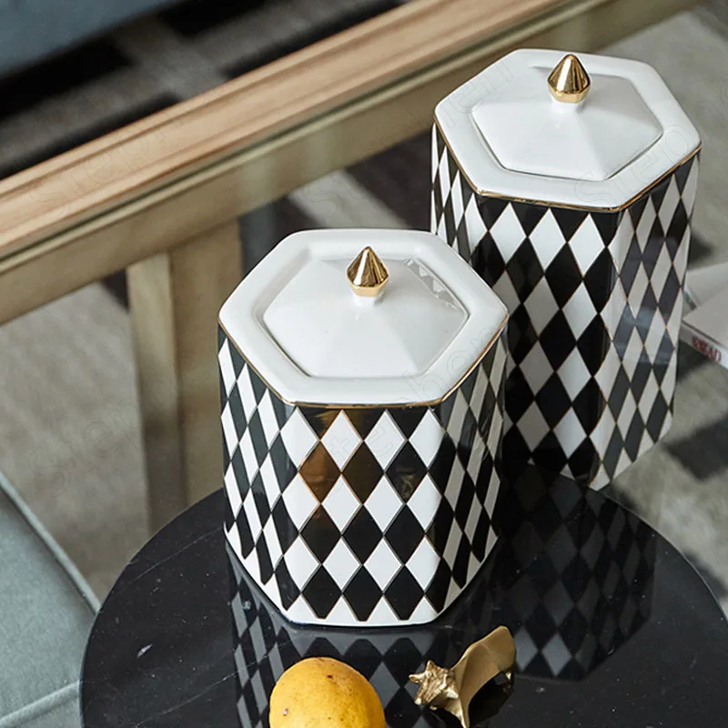 Modern Black and White Rhombus Ceramic Jars with Lid European Classical Coffee Table Storage Jar Living Room Decoration Ornament