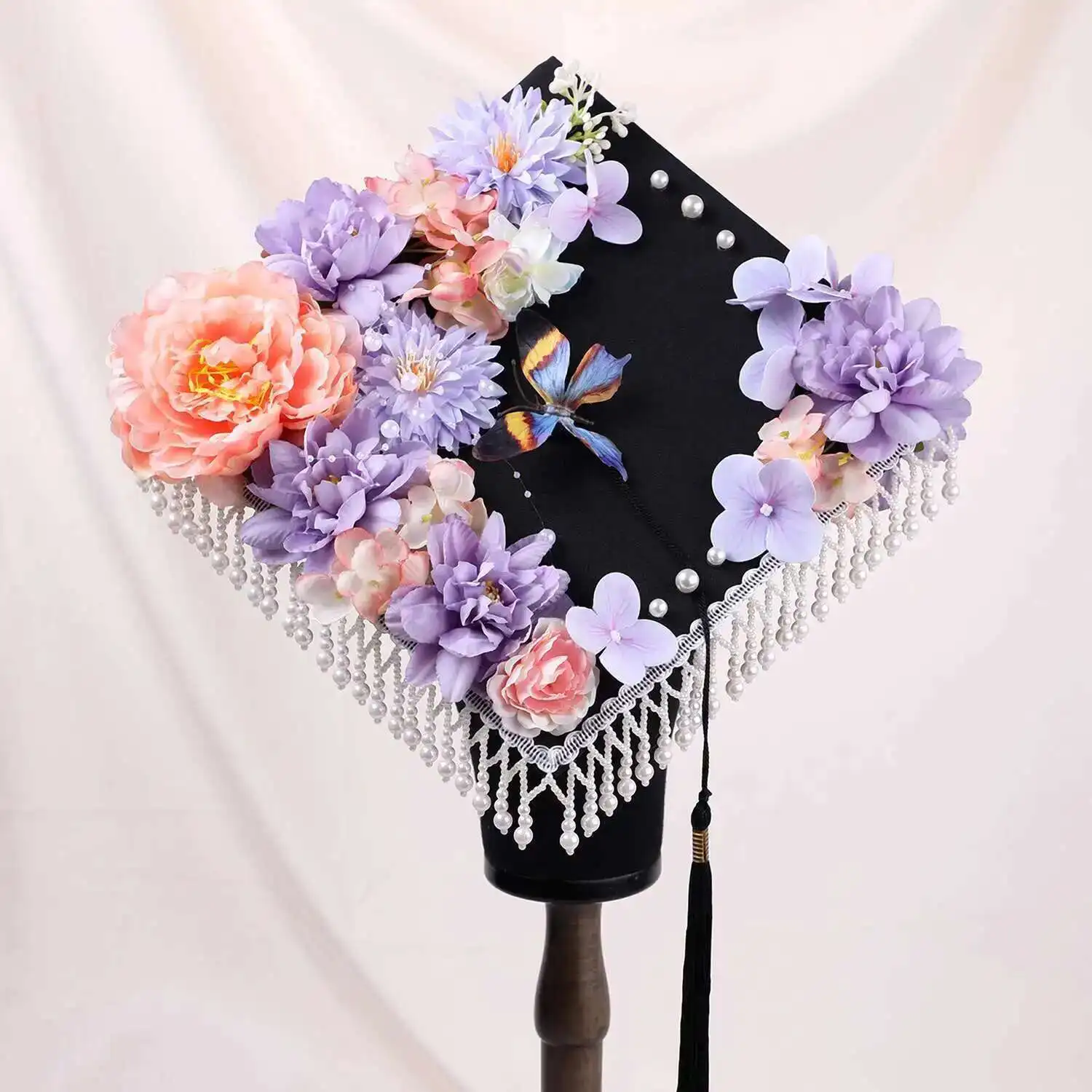 

New Chinese Style Hairpin With Flower Decoration Graduation Hat Student Graduate Take Pictures Prop Tassels Mortarboard