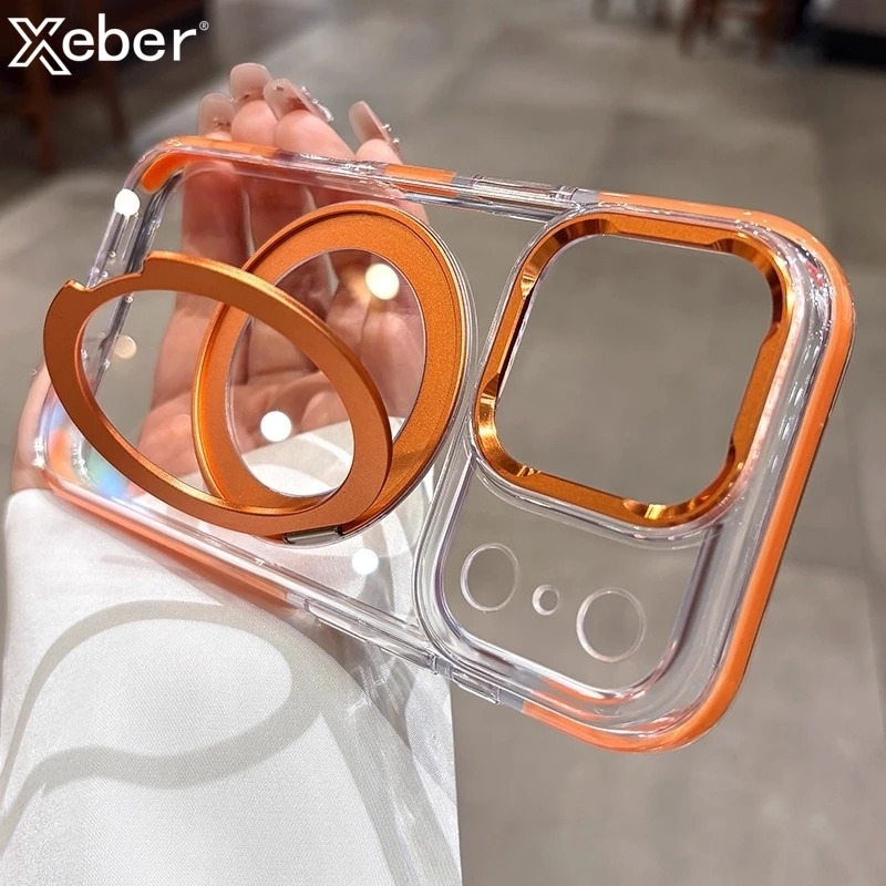 

Роскошный прозрачный чехол для телефона с магнитной подставкой для iPhone 15, 16, 17 Pro Max, держатель с кронштейном с воздушным кольцом для Magsafe, противоударный чехол