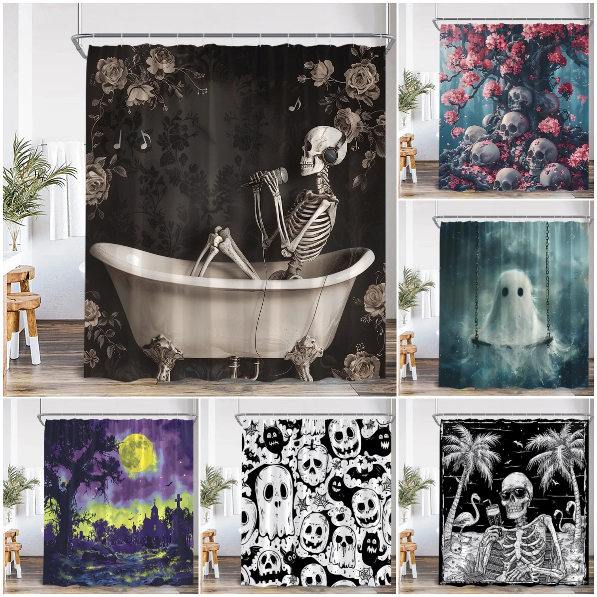 Halloween Skeleton Shower Curtain Skull Cute Ghost Full Moon Night Scary Spooky Bathroom Decor Happy Halloween Bathtub Curtain