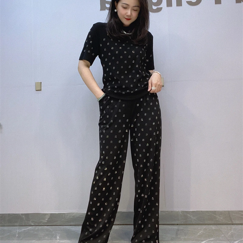 

2024 New Summer Women Two-piece Set Shiny Letters Hot Drilling T-shirt Top+Elastic Waist Wide Leg Long Trousers Pants Suits