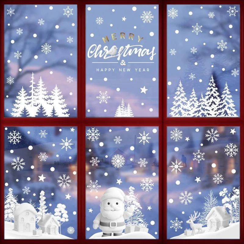 Christmas Decorations White Snowflake Snowman Static Window Clings Mall Shop Window Scene Glass Stickers Xmas Holiday Decor
