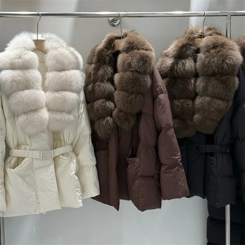 High-Quality Winter Women's Fox Fur Collar Waist-Cinching Puffer Jacket Y2K Stylish Casual Thick Warm Coat 2025