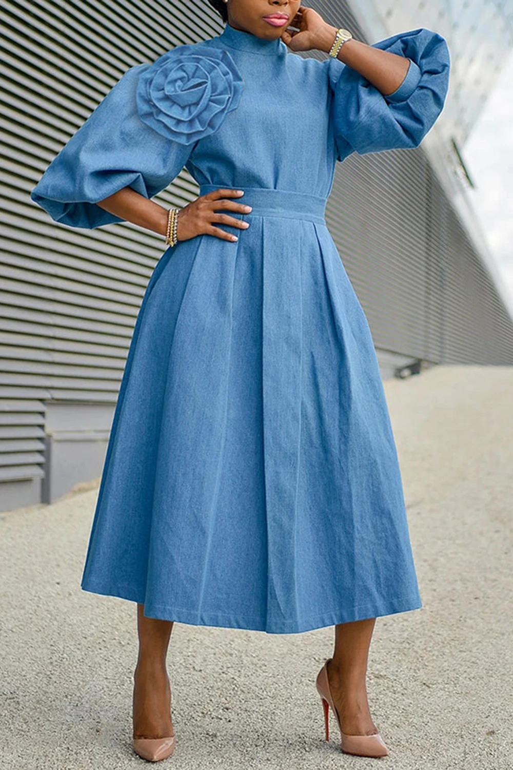 Plus Size Daily Light Blue Mock Neck Puff Sleeve 3/4 Sleeve 3D Tencel Denim Midi Dresses