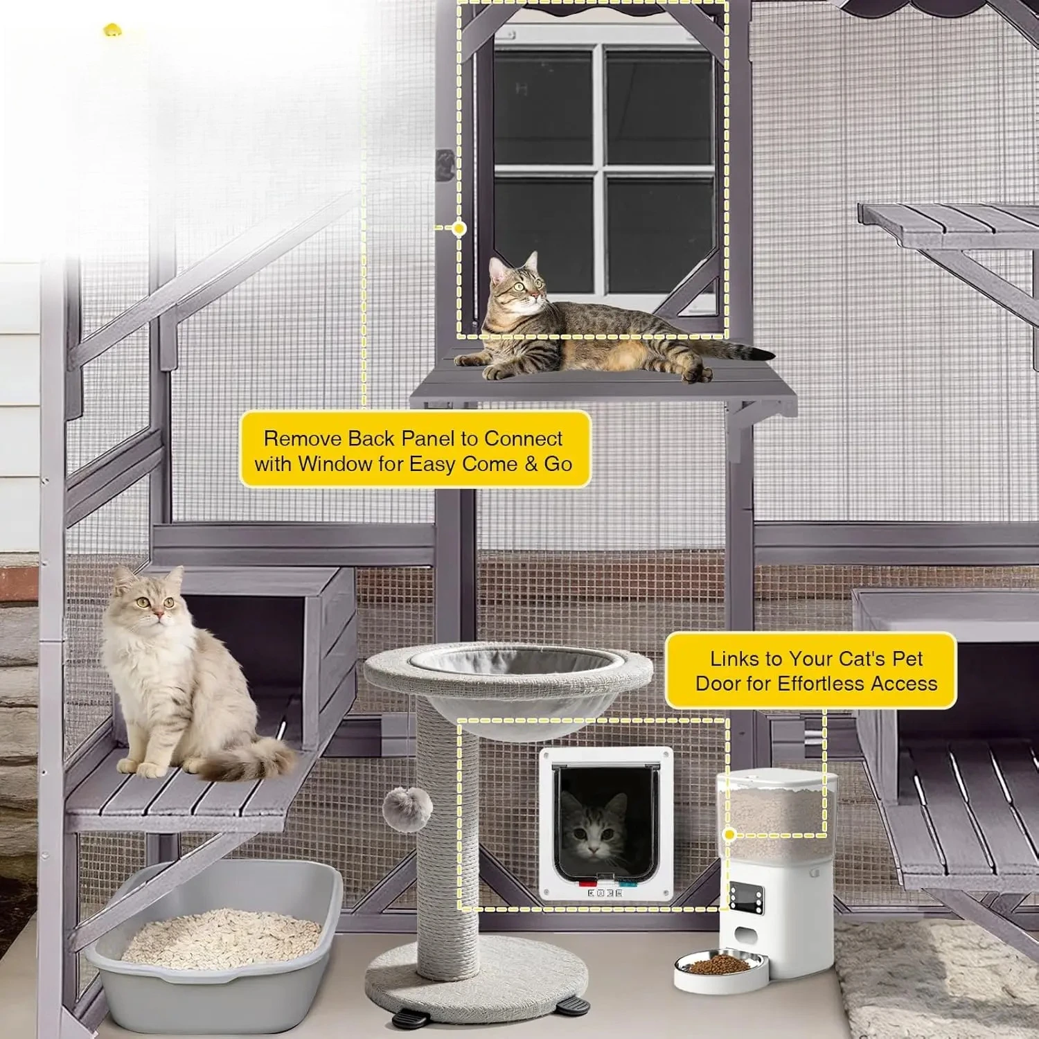 Outdoor Cat Enclosure with 7 Platforms, 2 Resting Boxes, Large Window Cat House for 4-6 Mulitiple Cats Wal