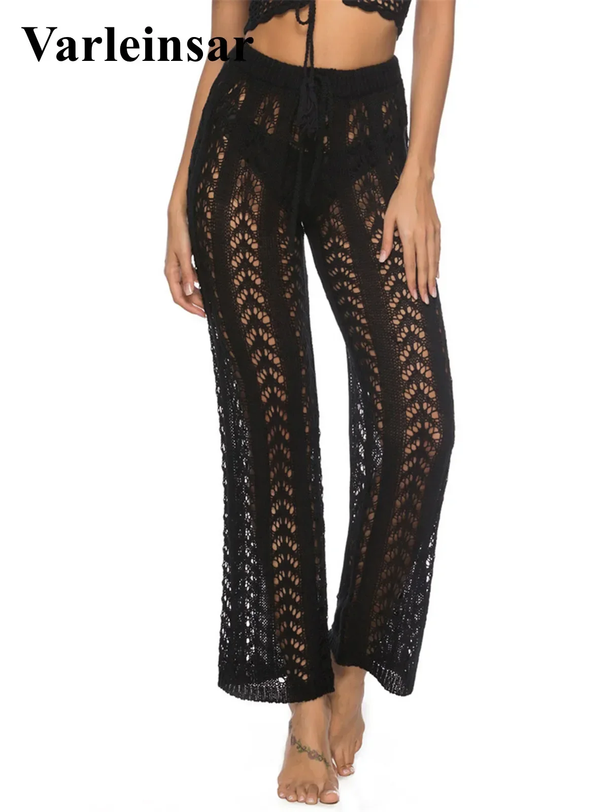 S - XL المرأة الكروشيه محبوك بناطيل الشواطئ الجوف خارج مطاطا مستقيم بناطيل كاجوال عطلة الشاطئ واسعة الساق بيكيني التستر V2651