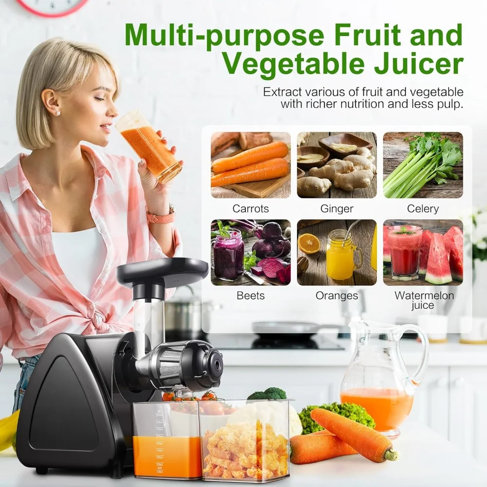 Juicer Maker with Reverse Function, Quiet Motor, High Juice Yield with Juice Jug & Brush, Slow Masticating and Cold Press Juicer