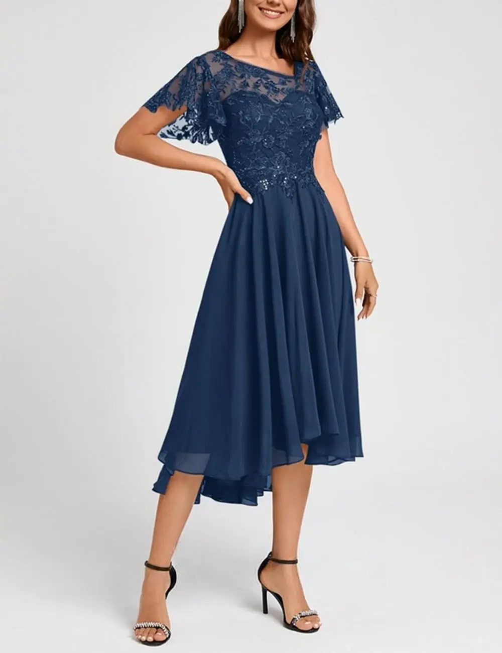 Apliques de encaje personalizados, vestidos para madre de novia, longitud del té, gasa, volantes asimétricos, manga corta, vestido de fiesta de noche Formal