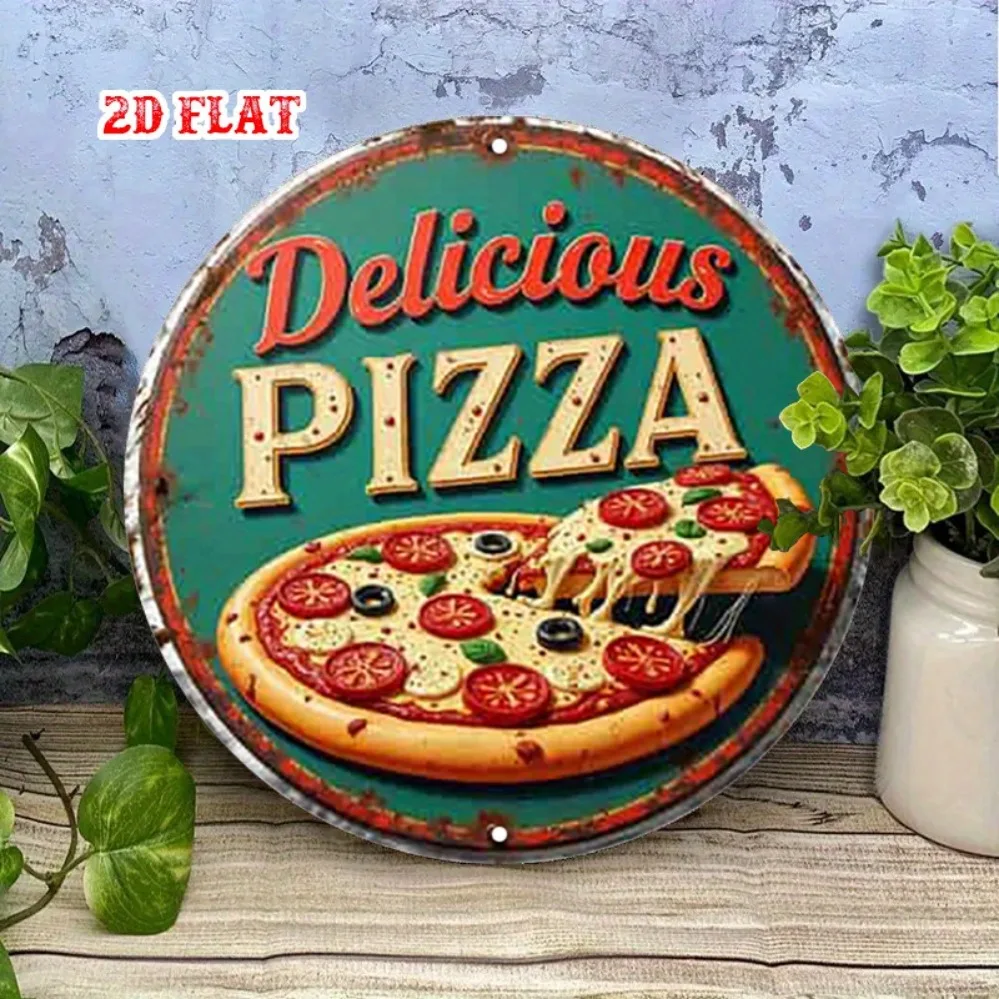 Decoración de pared de metal para pizza vintage - Letrero plano retro 2D para cocina Pizzeria - Regalo para amantes de la pizza de aluminio resistente y fácil de colgar