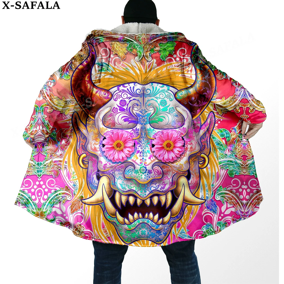 Japanese Art Samurai Mask Tattoo  Print Thick Warm Hooded Cloak Men Overcoat Coat Windproof Fleece Cape Robe Hooded Blanket-6