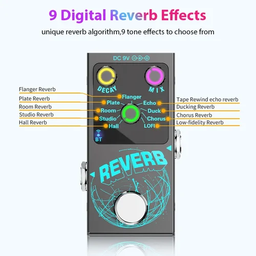 Pedal de efectos de guitarra guitarra de reverberación Digital 9 Pedal de efectos de guitarra de reverberación diferente acompañamiento inalámbrico DECAY/MIX luminoso