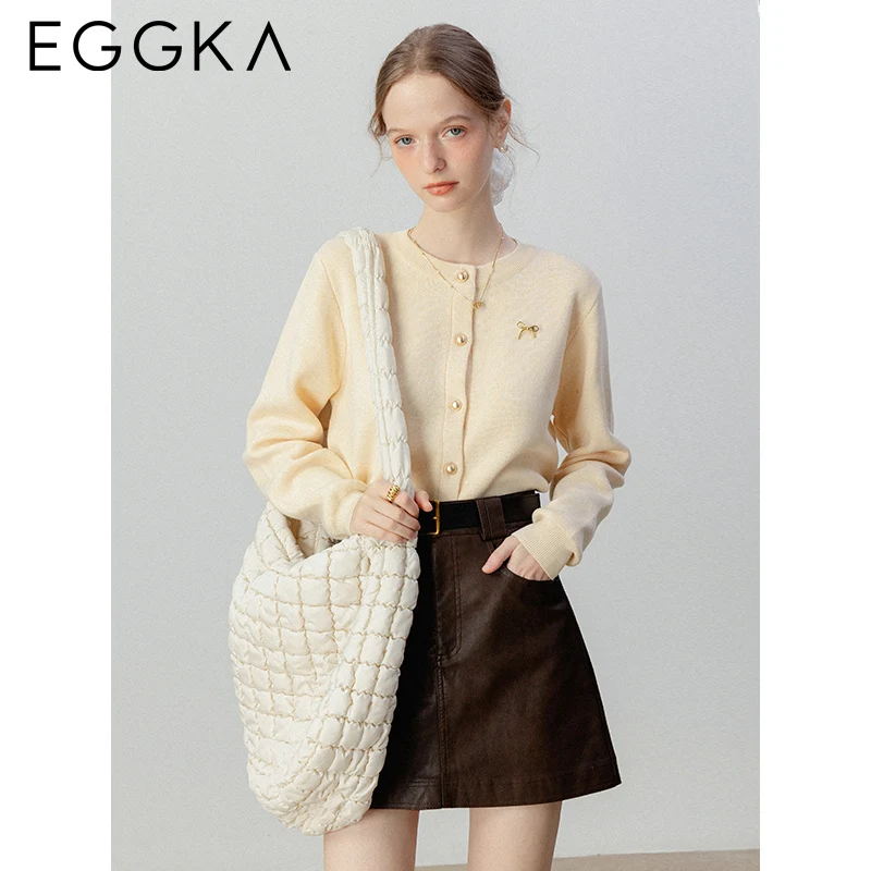 EGGKA Autumn Bow Sweater Cardigan Female Temperament Slim Knit Sweaters Korean Style Single Breasted Pink Cardigan Gray 2024 New