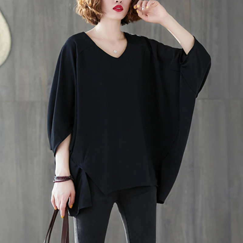 

Loose Fit Color T-irt plus Size Women's Faion Asymmetric Batwing Sve V-Ne Top Trendy plus Size Clothing