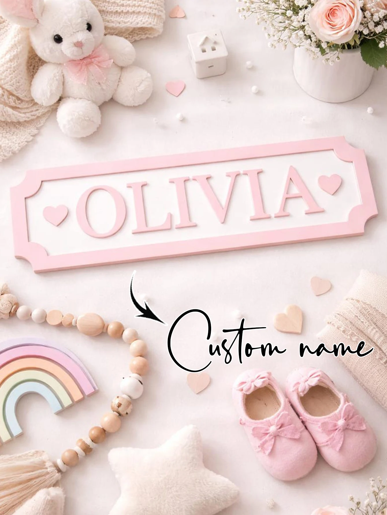 Custom Pink Border Wooden Name Sign Personalized 3D Letter Plaque Baby Girl Pastel Nursery Wall Decor Newborn Shower Bedroom image 3