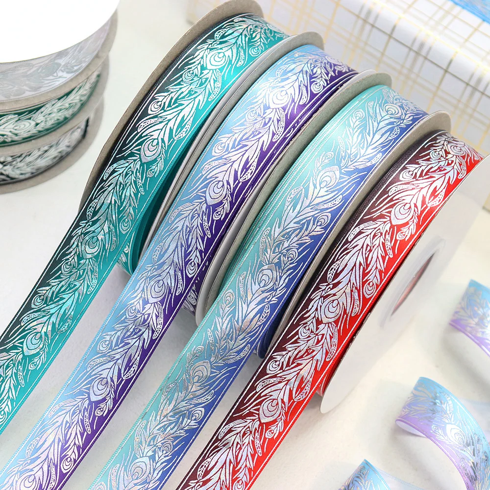 1\'\' 25mm Iridescence Phoenix Peacock Feathers Printed Polyester Satin Ribbon For Hair Bows Gift Wrapping DIY Sewing Accessories