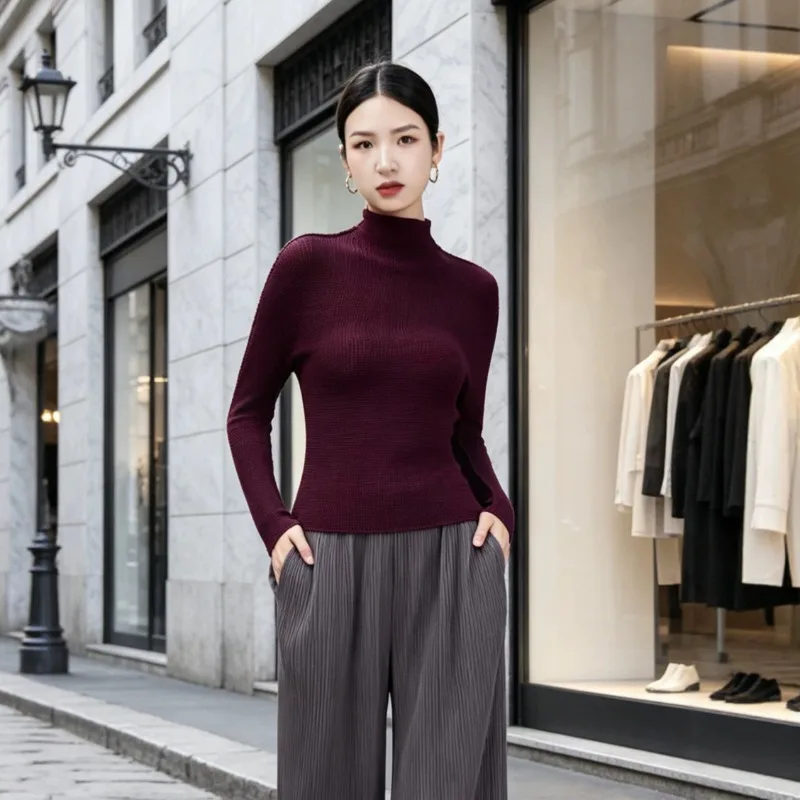 Miyake Pleated 2026 New Series Slim Fit Base Shirt for Women Autumn Winter Casual Half High Neck Corn Grain Stretch T-Shirt