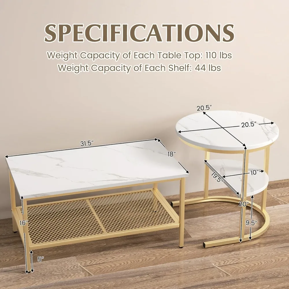 Modern Round Nesting Coffee Table Set with Faux Marble Top and Storage Shelf, 2-Piece Contemporary End Table Set
