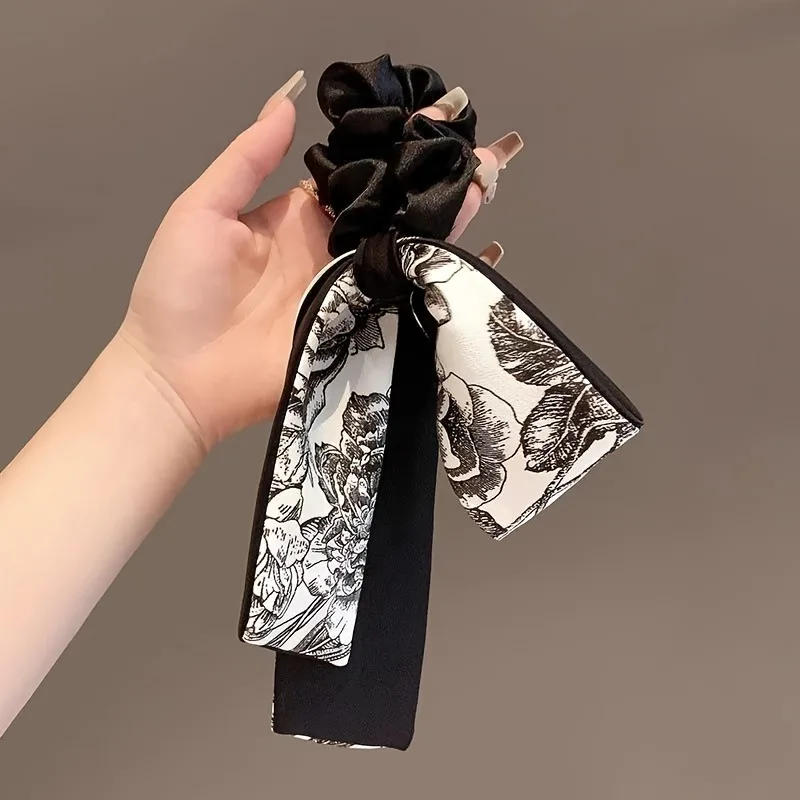Black Velvet Retro Art Black White Printed Long Ribbon Hairband Bow Shaped Women Curling Elegant Fashion Versatile Decorative image 3