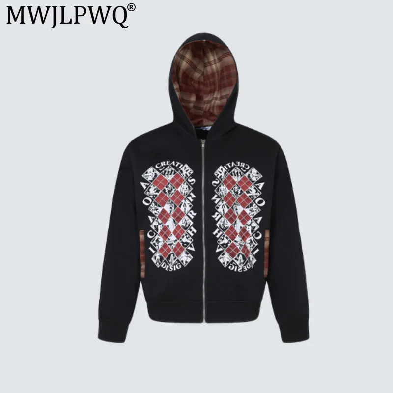 MWJLPWQ American Retro Plaid-Lined Hoodie Men Contrasting Color Checkerboard Print Unisex Loose-Fit Long Sleeve Casual Top 21247