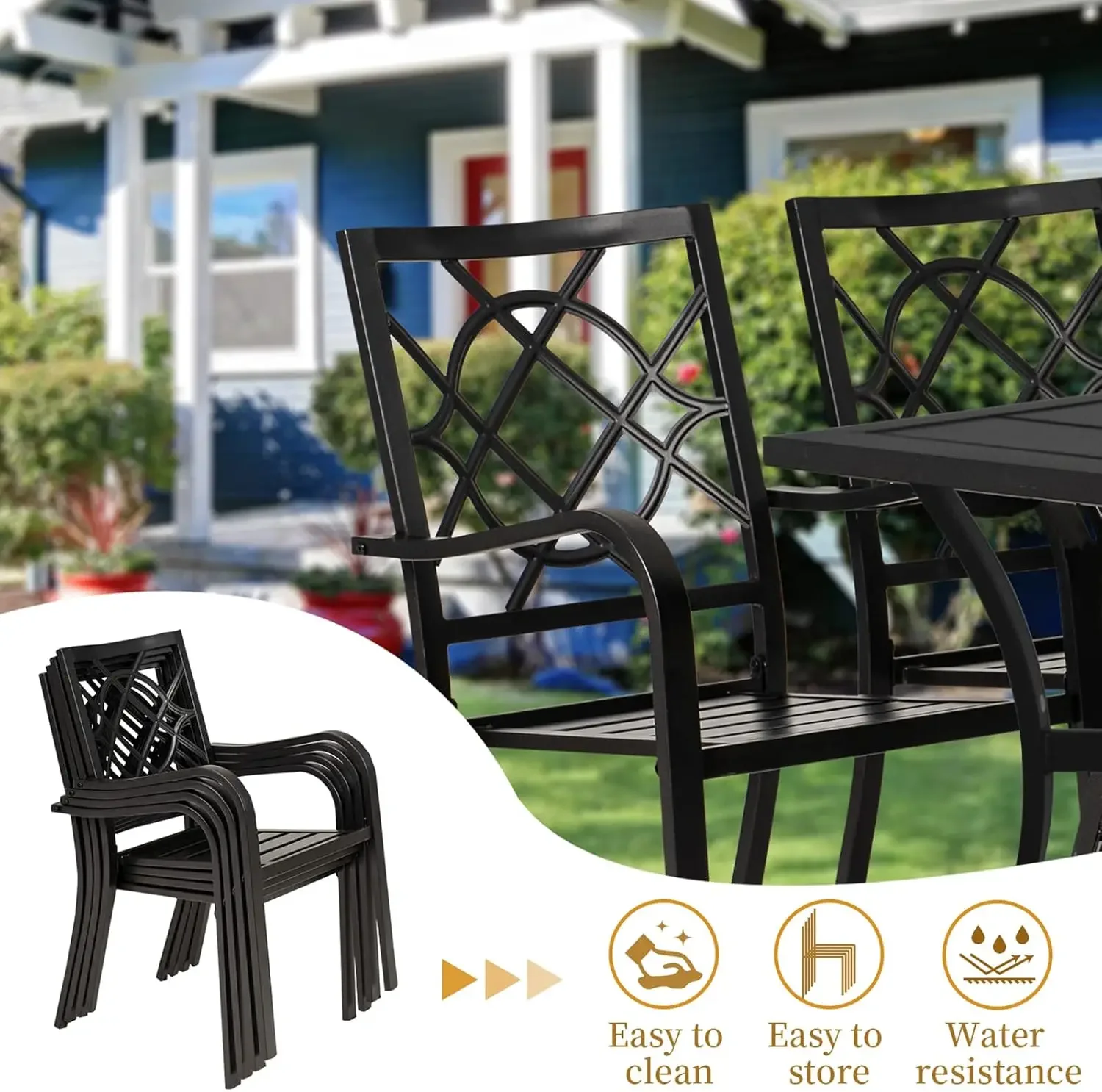 Juego de comedor para patio al aire libre de 7 piezas, juego de mesa y sillas exteriores para 6 personas, de 6, mesa de listones con orificio para sombrilla de 1,57" (negro)