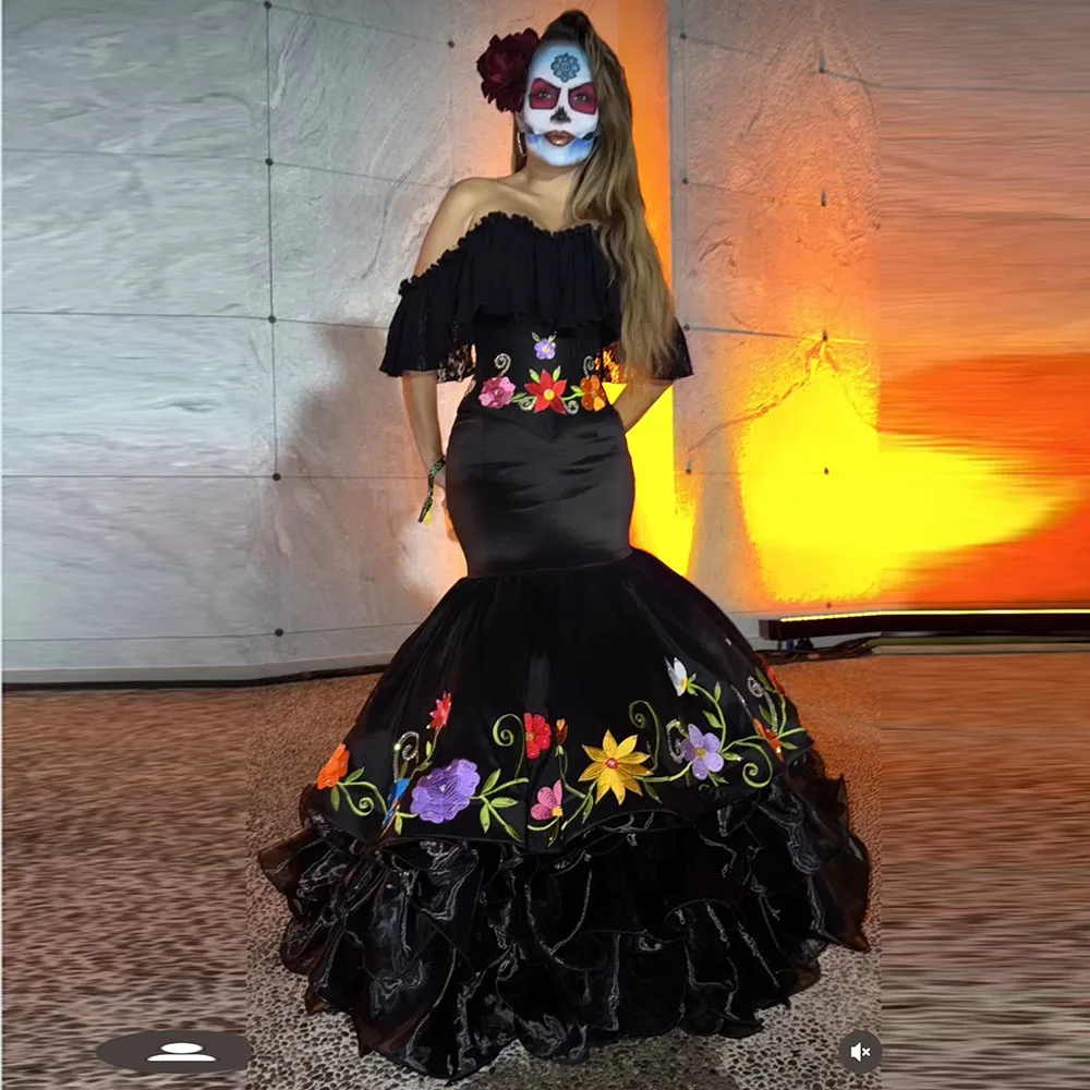 

Gorgeous Embroidery Charro Quinceanera Off Shoulder Black Prom Dress 2025 Mermaid Customized Evening Party Gowns